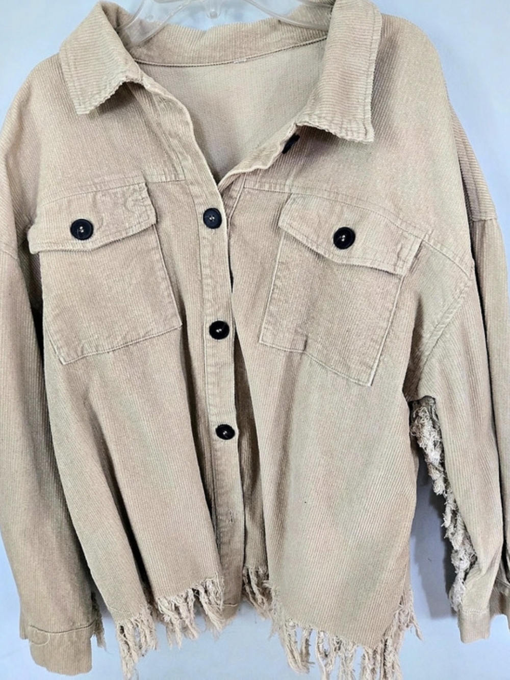 Fringed Corduroy-Style Jacket in Beige